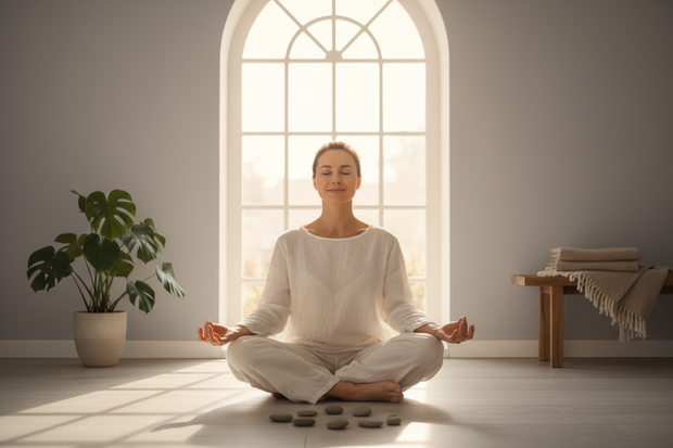 Nee, doe maar een foto van persoon in een meditatie houding die tevreden is